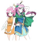  2girls aqua_skirt arm_behind_head bare_shoulders blue_eyes blue_tunic bracer breasts brooch cloak cowboy_shot dede_(qwea_00000) dress earrings faris_scherwiz final_fantasy final_fantasy_v gem gold_trim green_cloak green_headband hand_on_own_hip headband holding holding_sword holding_weapon jewelry lenna_charlotte_tycoon long_hair medium_breasts medium_hair multiple_girls orange_dress own_hands_together pink_hair pleated_skirt popped_collar purple_hair red_gemstone siblings sisters sketch skirt sleeveless sleeveless_dress sword tunic weapon white_background 