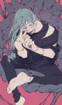  1boy androgynous barefoot black_pants black_shirt commentary_request cursed_spirit_(jujutsu_kaisen) film_grain fingernails grey_hair heterochromia highres jujutsu_kaisen long_hair mahito_(jujutsu_kaisen) male_focus mim_(mimya0600) pants sanpaku shirt sitting solo stitched_arm stitched_face stitched_neck stitched_wrist stitches teeth tongue tongue_out 