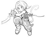  1boy bare_shoulders belt boots cat_tail cropped_vest dagger dede_(qwea_00000) dual_wielding fighting_stance final_fantasy final_fantasy_ix full_body gloves grey_gloves greyscale grin holding holding_dagger holding_knife holding_weapon knife loose_belt low_ponytail male_focus monochrome parted_bangs ponytail sketch smile solo tail teeth vest weapon wrist_cutting zidane_tribal 