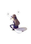  1girl ? absurdres armpits belt blue_bow blue_dress blue_shoes blue_thighhighs bow breasts bridal_gauntlets brown_belt brown_hair cat_shadow_puppet_(meme) commentary_request confused count_ohsai dress elbow_gloves from_behind full_body furen_e_lustario furen_e_lustario_(1st_costume) gloves hair_bow hands_up highres large_breasts layered_dress long_hair meme nijisanji shadow shoes simple_background sleeveless sleeveless_dress solo speech_bubble spoken_question_mark squatting thighhighs very_long_hair virtual_youtuber white_background white_dress white_gloves you&#039;re_doing_it_wrong zettai_ryouiki 