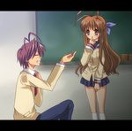  1girl antenna_hair bad_id bad_pixiv_id chalkboard clannad classroom_eraser furekuru_(freckle) furukawa_akio furukawa_sanae hikarizaka_private_high_school_uniform kneeling proposal school_uniform teenage younger 