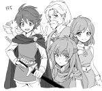  2boys 2girls animal_on_shoulder bartz_klauser beard bird bird_on_shoulder breasts brooch chocobo cloak closed_mouth collared_shirt dede_(qwea_00000) dress facial_hair faris_scherwiz final_fantasy final_fantasy_v galuf_halm_baldesion goatee greyscale hair_between_eyes hand_on_own_chest headband holding holding_sword holding_weapon jewelry lenna_charlotte_tycoon long_hair long_sleeves mature_male medium_breasts medium_hair monochrome multiple_boys multiple_girls mustache open_mouth pants parted_bangs shirt short_hair siblings sisters sketch sleeveless sleeveless_dress smile sword tunic upper_body weapon white_pants white_shirt 