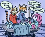 ambiguous_gender anthro benji_(lewdles) biped black_stripes blue_body blue_scales canid canine claws clothed clothing confusion countershade_face countershade_fur countershade_scales countershade_torso countershading dialogue dragon drawstring_hoodie english_description english_text felid fox fur gloves group hair handwear hi_res hoodie iv_drip knife lewdles lewdles_(fursona) lying male mammal mask medical_instrument mythological_creature mythological_scalie mythology nonbinary_(lore) on_back operating_table orange_body orange_fur oxygen_mask pantherine purple_hair red_clothing red_fox red_hoodie red_topwear scales scalie scientific_instrument scissors signature sleeping snout speech_bubble stripes surgeon surgical_mask surgical_operation tan_body tan_fur teal_body teal_scales text tiger topwear trio true_fox