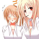  blonde_hair blush breasts cleavage closed_eyes collarbone fate_testarossa flying_sweatdrops food large_breasts looking_at_viewer lyrical_nanoha mahou_shoujo_lyrical_nanoha mouth_hold multiple_girls pocky red_eyes side_ponytail takamachi_nanoha upper_body 