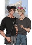  2boys alternate_costume bag black_shirt blonde_hair blue_eyes blue_pants border bow brown_hair casual chain chain_necklace cloud_strife cowboy_shot disneyland earrings final_fantasy final_fantasy_vii final_fantasy_viii grey_pants grey_shirt hair_between_eyes hair_bow highres holding holding_phone jewelry light_blush male_focus mickey_mouse_ears multiple_boys necklace pants parted_bangs parted_lips phone photo_background pillarboxed pink_bow scar scar_on_face scar_on_forehead shio_ga shirt short_hair short_sleeves shoulder_bag single_earring spiked_hair squall_leonhart sweatdrop white_border 