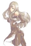  bare_shoulders black_dress black_gloves breasts dress elbow_gloves gloves long_hair looking_at_viewer medium_breasts microspace silver_hair simple_background tales_of_(series) tales_of_the_abyss tear_grants thighhighs very_long_hair white_background white_legwear 