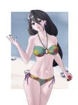  1girl absurdres bare_arms bare_shoulders beach bikini black_eyes black_hair black_nails breasts collarbone earrings hair_between_eyes hex_maniac_(pokemon) hex_maniac_(pokemon_legends:_z-a) highres holding holding_poke_ball jewelry long_hair looking_at_viewer medium_breasts multicolored_bikini nail_polish navel o-ring o-ring_bikini ocean open_mouth outdoors poke_ball pokemon pokemon_legends:_z-a pomelomelon rock solo standing stomach swimsuit thighs very_long_hair 