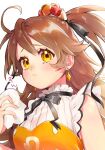  1girl ahoge blush breasts brown_hair closed_mouth crown earrings from_behind highres holding_tissue idenshi_hina jewelry long_hair looking_at_viewer mini_crown raised_eyebrows re:act shirt shishigami_leona sleeveless sleeveless_shirt small_breasts solo tissue two_side_up upper_body virtual_youtuber yellow_eyes 