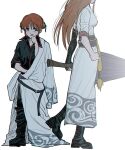  2girls aged_up belt black_belt black_boots black_gloves black_pants blue_eyes boots breasts bun_cover closed_umbrella commentary commentary_request cosplay elbow_gloves gintama gintama_movie_2:_yorozuya_yo_eien_nare gloves hair_bun highres holding holding_umbrella japanese_clothes kagura_(gintama) kimono long_hair looking_at_another multiple_girls obi official_alternate_costume oil-paper_umbrella orange_hair oversized_clothes pants sakata_gintoki sakata_gintoki_(cosplay) sash short_hair short_sleeves single_elbow_glove sleeves_rolled_up umbrella white_background white_kimono ww034518297 