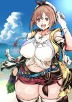  1girl :d absurdres atelier_(series) atelier_ryza atelier_ryza_1 bare_shoulders beach belt belt_buckle beret blue_sky blush boots braid breasts brown_gloves brown_hair buckle cleavage cloud collarbone curvy day ear_piercing earrings fingerless_gloves forest_(4423) gloves hair_between_eyes hat highres horizon jewelry large_breasts leather leather_belt leather_gloves necklace ocean open_mouth outdoors partially_fingerless_gloves petals piercing plump pouch red_shorts reisalin_stout ribbon ripples short_shorts shorts sky smile solo star_(symbol) star_necklace thick_thighs thigh_strap thighs water wide_hips 