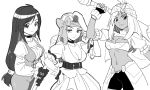  3girls black_choker black_shorts bodysuit bow breasts choker cleavage cleavage_cutout clothing_cutout cowboy_shot crop_top dark-skinned_female dark_skin dede_(qwea_00000) eyeshadow feather_hair_ornament feathers final_fantasy final_fantasy_ix fingerless_gloves furrowed_brow garnet_til_alexandros_xvii gloves greyscale hair_bow hair_ornament half-closed_eyes hand_in_own_hair hand_on_own_hip headband headscarf holding holding_staff juliet_sleeves lani_(ff9) light_smile long_hair long_sleeves low-tied_long_hair makeup medium_breasts midriff monochrome multiple_girls navel over_shoulder puffy_long_sleeves puffy_short_sleeves puffy_sleeves ruby_(ff9) short_sleeves shorts sketch staff weapon weapon_over_shoulder white_gloves 