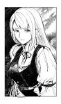 1girl border breasts cat_earth2 closed_mouth final_fantasy final_fantasy_xvi greyscale hair_over_one_eye highres jill_warrick juliet_sleeves long_hair long_sleeves looking_at_viewer medium_breasts monochrome portrait puffy_sleeves shirt sketch solo swept_bangs upper_body white_border white_hair white_shirt 