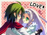  1girl almaz_von_almadine_adamant armor blue_eyes blush brooch cape circlet couple disgaea eye_contact fingerless_gloves gloves green_eyes green_hair heart hetero hug jewelry long_hair looking_at_another lowres makai_senki_disgaea_3 mirano_(hot_colors) open_mouth sapphire_rhodonite short_hair silver_hair sweatdrop 