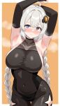  1girl absurdres armpits arms_up black_bodysuit bodysuit braid breasts bridal_gauntlets closed_mouth commentary_request covered_navel grey_hair hair_ornament highres kizuna_akari large_breasts looking_at_viewer shiguren_39 sleeveless sleeveless_bodysuit solo sweat thigh_gap twin_braids voiceroid 