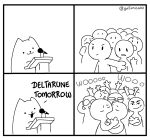 2025 :3 ambiguous_gender annoying_dog_(undertale) artist_name biped black_and_white border canid canine canis cheering comic crossed_arms deltarune deltarune_tomorrow_(meme) domestic_dog electronics english_text excited feral gatunowo group hi_res human humor kissing mammal microphone monochrome open_:3 podium pointy_ears prick_ears roblox_man_face semi-anthro standing swooning text undertale_(series) white_border yoshi_and_toad_kissing