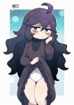  1girl @_@ ahoge artist_name black_hair blue_background blush border bow bow_panties breasts chichibu_(watson) closed_mouth clothes_lift dot_nose dress dress_lift feet_out_of_frame furrowed_brow hair_between_eyes hairband hand_up hex_maniac_(pokemon) knees_together_feet_apart light_frown long_hair looking_at_viewer outside_border panties pokemon pokemon_xy purple_dress purple_eyes purple_hairband sidelocks small_breasts solo standing turtleneck underwear very_long_hair wavy_hair white_border white_panties 