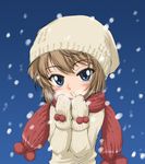  blue_eyes blush breath brown_hair cold gloves haibara_ai hat meitantei_conan scarf short_hair snow solo wan'yan_aguda 