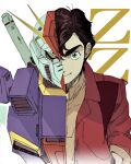  1boy baegopayohungry brown_hair brown_shirt closed_mouth commentary green_eyes gundam gundam_zz highres jacket judau_ashta looking_at_viewer male_focus mecha mobile_suit open_clothes open_jacket red_jacket robot shirt short_hair simple_background smile thick_eyebrows upper_body v-fin white_background zz_gundam 