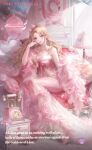  1girl antique_phone aphrodia_(shining_nikki) artist_request balloon bead_necklace beads bird blonde_hair blue_eyes bow bowtie bubble card_(medium) character_name closed_mouth commentary couch curtains dress earrings english_commentary english_text flamingo full_body fur-trimmed_dress fur_shawl fur_trim hair_bow hair_ornament hairclip hand_on_own_cheek hand_on_own_face happy heart heart_earrings highres jewelry lace-trimmed_bow lace_trim lamp layered_dress light_blush light_particles lipstick long_dress long_hair lovestruck_moment_(shining_nikki) makeup necklace nikki_(series) official_art on_couch pink_bow pink_bowtie pink_dress pink_lips pink_ribbon pink_shawl ribbon second-party_source shawl shining_nikki shirt sidelocks sitting sleeveless sleeveless_shirt smile solo sparkle wavy_hair white_dress 