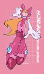  1girl alternate_costume animal_ears artist_name blonde_hair blue_eyes blue_gemstone bodysuit boots character_name chest_jewel elbow_gloves fake_animal_ears full_body gem gloves grid_background hand_on_own_head hand_up heart helmet highres knee_boots lipstick long_hair looking_to_the_side makeup mario_(series) outline pajaronaa parted_lips pink_background pink_bodysuit pink_boots pink_helmet pink_lips princess_peach solo spacesuit standing thick_lips twitter_username white_gloves white_outline 