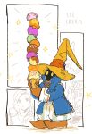  2boys black_mage_(final_fantasy) blue_coat boots brown_boots brown_gloves cat_earth2 coat feather_hair_ornament feathers final_fantasy final_fantasy_ix food full_body gloves hair_ornament hat highres holding holding_food holding_ice_cream ice_cream ice_cream_cone kuja male_focus multiple_boys pants parted_bangs striped_clothes striped_pants vivi_ornitier wizard_hat yellow_eyes yellow_hat 