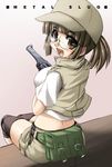  breasts brown_eyes brown_hair fanny_pack fio_germi glasses gun handgun hat jacket knee_pads large_breasts metal_slug midriff ponytail revolver short_sleeves snk solo tonpuu weapon 