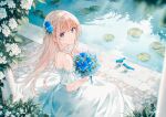  1girl animal bare_shoulders bath bird blonde_hair blue_bird blue_eyes blue_flower blue_nails blue_rose bouquet braid brick_floor bush collar commentary_request dress fingernails floating_hair flower flower-trimmed_sleeves flower_collar frilled_collar frilled_sleeves frills from_above from_side full_body hair_flower hair_intakes hair_ornament hair_over_shoulder half_up_braid hand_up hiten_(hitenkei) holding holding_bouquet lace light_rays lily_pad long_dress long_hair looking_to_the_side nail_polish off-shoulder_dress off_shoulder original parted_lips purple_flower reflection reflective_water ripples rose short_sleeves sidelocks signature sitting solo stone_floor sunbeam sunlight water white_dress white_flower 