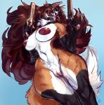 absurd_res anthro areola arm_tuft big_breasts big_tail biped black_body black_claws black_fur blue_background blue_eyes breasts brown_body brown_ears brown_fur brown_hair brown_tail canid canine canis claws collar collar_only colored countershade_fur countershade_legs countershade_torso countershading curvy_figure digital_media_(artwork) dipstick_tail dual_wielding ear_piercing ear_stud elbow_tuft eyewear facial_markings fangs female female_anthro finger_claws fluffy fluffy_tail front_view fur genitals gloves_(marking) goggles gun hair handgun head_markings hi_res holding_gun holding_handgun holding_object holding_ranged_weapon holding_revolver holding_weapon hourglass_figure huge_breasts humanoid_hands innie_pussy long_hair long_tongue mammal markings monotone_hair multicolored_tail muzzle_(marking) narrowed_eyes navel neck_tuft nipples nude nude_anthro nude_female open_mouth open_smile piercing pink_areola pink_nipples pink_tongue portrait pose pussy ranged_weapon revolver shaded signature simple_background small_waist smile solo tail tail_markings teeth thick_thighs three-quarter_portrait tongue tongue_out tuft two_tone_tail weapon white_body white_countershading white_fur white_tail white_tail_tip wide_hips wolf zerolativity