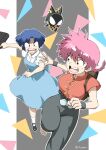 2girls angry animal_print black_pants black_shoes black_wrist_cuffs blue_dress blue_hair braid breasts briefcase chinese_clothes collared_shirt dress furrowed_brow genderswap genderswap_(mtf) hair_between_eyes highres holding holding_briefcase large_breasts leopard_print mary_janes medium_breasts multiple_girls neckerchief open_mouth p-chan pants parted_bangs pink_hair print_neckerchief puffy_short_sleeves puffy_sleeves ranma-chan ranma_1/2 red_shirt shirt shirt_under_dress shoes short_hair short_hair_with_long_locks short_sleeves shouting single_braid socks spiked_hair sweatdrop tendou_akane twintails white_shirt white_socks wrist_cuffs zupakyo 