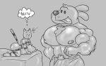 anthro artist_collaboration biceps big_butt black_nose butt canid canine canis dog_man_(character) dog_man_(series) domestic_cat domestic_dog duo english_description felid feline felis furryonline1 glistening glistening_body greyscale male mammal monochrome muscular muscular_anthro nt6969 petey_the_cat pubes shocked simple_background simple_eyes surgical_suture tabby_cat thought_bubble tongue tongue_out towel tuft