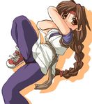  blush braid brown_eyes brown_hair dougi headband long_hair lowres lying ryuuko_no_ken sash shoes single_braid sneakers socks solo spandex the_king_of_fighters tonpuu very_long_hair yuri_sakazaki 