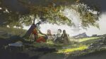  2boys 2girls architecture arknights building day east_asian_architecture fog grass halo highres mudrock_(arknights) multiple_boys multiple_girls nature nymph_(arknights) official_art outdoors qui&#039;lon_(arknights) rock scenery sitting sky tin_man_(arknights) tree tree_shade under_tree 
