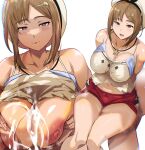  1boy 1girl absurdres after_ejaculation atelier_(series) atelier_ryza atelier_ryza_1 bare_arms blush breasts brown_eyes brown_hair cafekun camisole camisole_lift censored cleavage closed_mouth clothes_lift collarbone commission cum cum_on_body cum_on_breasts hair_ornament hairclip highres jewelry large_breasts large_variant_set looking_at_viewer mosaic_censoring multiple_views necklace nipples open_mouth paizuri pixiv_commission red_shorts reisalin_stout short_shorts shorts sidelocks sitting star_(symbol) star_necklace thick_thighs thigh_sex thighs variant_set white_camisole 