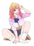  1girl ahoge alternate_costume blue_skirt breasts cleavage earrings gold_earrings gyaru hair_ornament hairpin hololive hololive_dev_is ichijou_ririka jewelry large_breasts looking_at_viewer medium_hair misty_elan open_mouth orange_eyes orange_hair orange_nails pink_shirt shirt skirt smile socks solo v virtual_youtuber white_socks 
