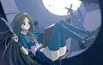  ass black_hair blue_eyes book castlevania castlevania:_portrait_of_ruin charlotte_aulin dress feathers frills ktl_(kuoting) long_hair moon night shoes sitting solo thighhighs wristband 