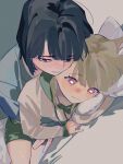  2girls averting_eyes black_hair blue_cardigan blunt_bangs blush bob_cut brown_hair cardigan center-flap_bangs closed_mouth commentary green_eyes green_shorts half-closed_eyes highres hood hoodie hug hug_from_behind kachimachi_kosuzu kachimachi_kosuzu_(summer_loungewear) link!_like!_love_live! long_sleeves love_live! lying momose_ginko momose_ginko_(summer_loungewear) multiple_girls nose_blush on_side pink_eyes pipi_(m1x_mix) short_hair shorts sleeves_past_wrists spooning sweat virtual_youtuber yellow_hoodie yuri 