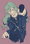  1boy arm_up black_jacket black_pants black_shirt blue_eyes commentary_request cropped_legs cursed_spirit_(jujutsu_kaisen) double-parted_bangs film_grain green_hair grey_eyes grin hair_between_eyes heterochromia highres holding holding_microphone jacket jewelry jujutsu_kaisen lapels long_hair mahito_(jujutsu_kaisen) male_focus microphone mim_(mimya0600) necklace open_clothes open_jacket outstretched_arm pants shirt simple_background smile solo stitched_face stitched_neck stitches teeth 