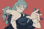  1boy :d arm_up blue_eyes cursed_spirit_(jujutsu_kaisen) film_grain grey_hair hair_behind_ear heterochromia jujutsu_kaisen licking_lips long_hair mahito_(jujutsu_kaisen) male_focus mim_(mimya0600) red_background signature simple_background smile solo stitched_arm stitched_face stitched_neck stitched_wrist stitches tongue tongue_out upper_body yellow_eyes 