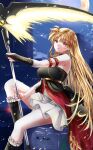  1girl adapted_costume arm_belt arm_strap bardiche_(nanoha) bardiche_(scythe_form)_(nanoha) bare_shoulders black_dress black_gloves black_socks blonde_hair breasts bridal_gauntlets cityscape commentary_request crescent crescent_earrings crescent_moon dress earrings energy_blade fate_testarossa feet_out_of_frame frilled_socks frills gloves highres holding holding_scythe holding_staff jewelry kneeling large_breasts long_hair looking_at_viewer lyrical_nanoha mage_staff mahou_shoujo_lyrical_nanoha mahou_shoujo_lyrical_nanoha_a&#039;s mahou_shoujo_lyrical_nanoha_strikers mahou_shoujo_lyrical_nanoha_the_movie_2nd_a&#039;s moon multicolored_dress night night_sky outdoors paid_reward_available parted_bangs parted_lips red_dress red_eyes scythe sitting sky socks solo sougetsu_izuki staff star_(sky) starry_sky strapless strapless_dress thighs two-handed very_long_hair white_dress 