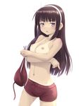  bikini bikini_top_removed blush boyshorts breast_hold breasts brown_eyes brown_hair character_request copyright_request hairband jitome long_hair medium_breasts meow_(nekodenki) middle_finger nipples shorts solo swimsuit tan tanline topless 