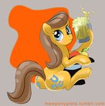  apple blue_eyes blush brown_fur brown_hair caramel_(mlp) cup equine female feral friendship_is_magic fruit fur hair hat horse ipan looking_back mammal mug my_little_pony pony sitting smile solo top_hat 