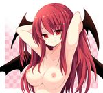  armpits arms_up blush breasts head_wings koakuma large_breasts long_hair looking_at_viewer maturiuta_sorato multiple_wings nipples nude red_eyes red_hair smile solo touhou upper_body wings 