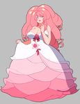  breasts cleavage dress drill_hair full_body gigantic_breasts lilirulu looking_at_viewer parted_lips pink_eyes pink_hair puffy_lips rose_quartz_universe solo steven_universe white_dress 