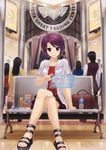  bottle crossed_legs highres legs long_hair looking_at_viewer monitor npcpepper original ponytail purple_eyes purple_hair sandals sitting skirt smile solo_focus water_bottle 