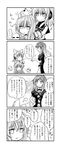  4koma beads comb combing comic earmuffs gradient_hair greyscale hata_no_kokoro highres hijiri_byakuren humming kakao_(noise-111) long_hair long_sleeves mask monochrome multicolored_hair multiple_girls on_person prayer_beads ribbon short_hair short_sleeves sigh speech_bubble talking touhou toyosatomimi_no_miko translated upper_body 