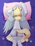  2018 anus arched_back butt clitoris clothing derpy_hooves_(mlp) digital_media_(artwork) equine fearingfun feathered_wings feathers female friendship_is_magic hair hi_res legwear lying mammal my_little_pony on_front pegasus pillow pussy solo wings 
