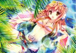  :d beatmania belt between_breasts bikini bikini_skirt bracelet breasts brown_hair cleavage cross eyewear_on_head headphones highres hinata_momo jewelry long_hair medium_breasts navel necklace open_mouth orange_bikini orange_eyes palm_tree pendant see-through smile solo striped striped_bikini sunglasses swimsuit tree umegiri_iroha 