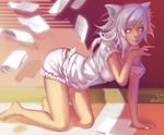  all_fours animal_ears black_hanekawa cat_ears hanekawa_tsubasa legs long_legs madyy monogatari_(series) nekomonogatari paper short_hair sleepwear thighs white_hair yellow_eyes 