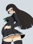  ass black_hair black_legwear blush breasts brown_eyes chiaki_kurihara commentary_request glasses hand_on_another's_stomach hime_cut long_hair medium_breasts miniskirt_pirates no_panties pregnant red-framed_eyewear school_uniform semi-rimless_eyewear serafuku simple_background thighhighs under-rim_eyewear usg_ishimura 