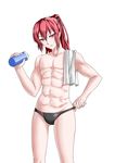  abs absurdres bottle free! genderswap genderswap_(ftm) highres karadborg long_hair male_swimwear matsuoka_gou ponytail red_eyes red_hair swim_briefs swimwear towel 